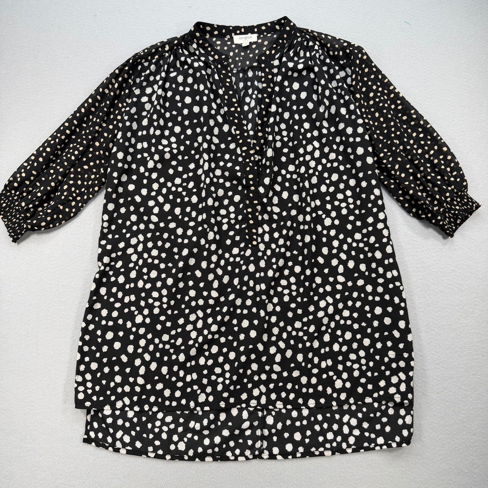 Umgee S Tunic Top Womens Black Abstract Polka Dot Smocked Sleeve Boho High Low